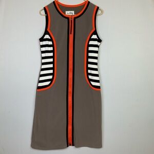 Joseph Ribkoff Sz 10 Olive Gray Black & White Stripe Zipper Front Sheath Dress